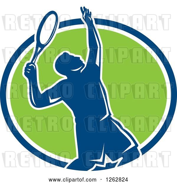 Vector Clip Art of Retro Silhouetted Male Tennis Player Serving Inside a Blue White and Green Circle