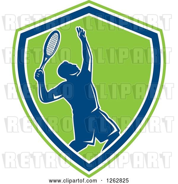Vector Clip Art of Retro Silhouetted Male Tennis Player Serving Inside a Blue White and Green Shield
