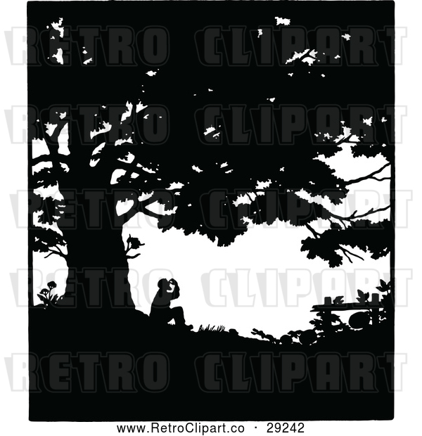 Vector Clip Art of Retro Silhouetted Man Under a Tree