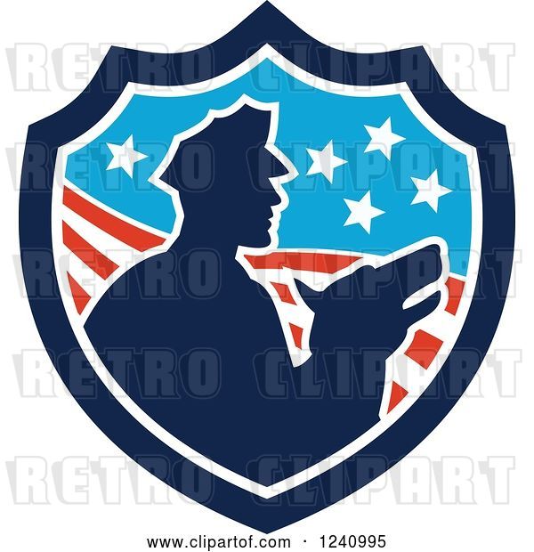 Vector Clip Art of Retro Silhouetted Officer and Security Dog in an American Shield
