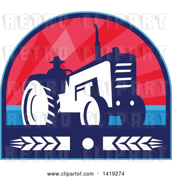 Vector Clip Art of Retro Silhouetted Organic Farmer Operating a Tractor in a Crest Design with Wheat