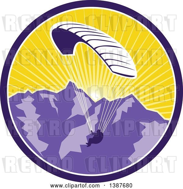 Vector Clip Art of Retro Silhouetted Paraglider Against the Alps Mountains at Sunset in a Circle