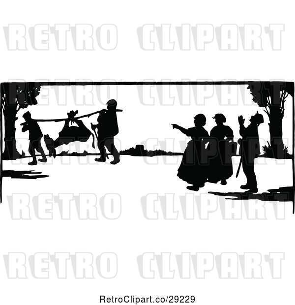 Vector Clip Art of Retro Silhouetted People and a Dead Donkey