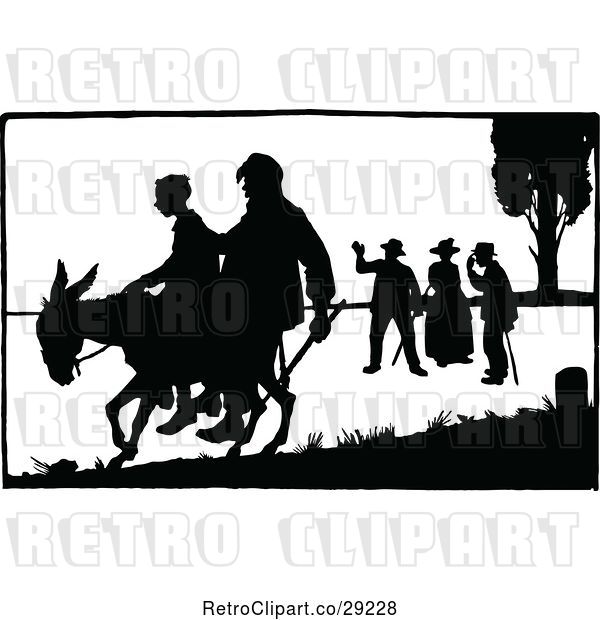 Vector Clip Art of Retro Silhouetted People and a Donkey