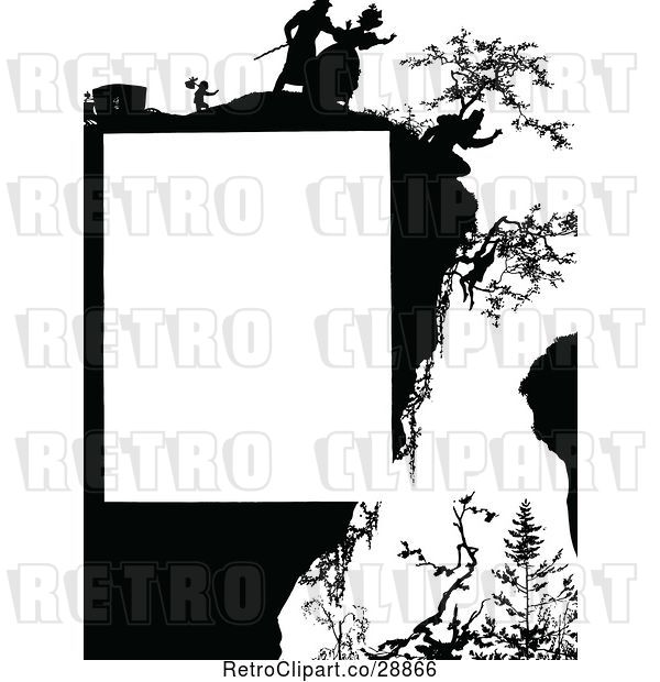 Vector Clip Art of Retro Silhouetted Person Hanging off of a Cliff Page Border