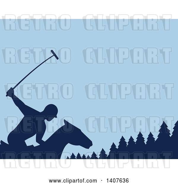 Vector Clip Art of Retro Silhouetted Polo Player on Horseback, Swinging a Mallet Against Evergreen Trees and Blue