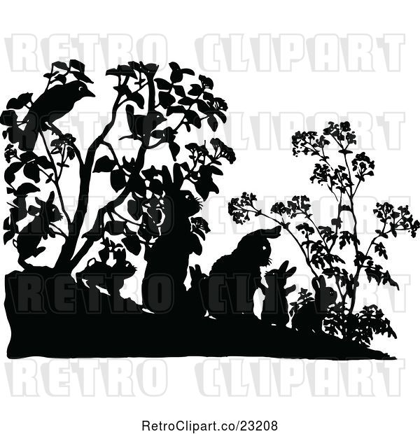 Vector Clip Art of Retro Silhouetted Rabbit Family and Birds in Shrubs