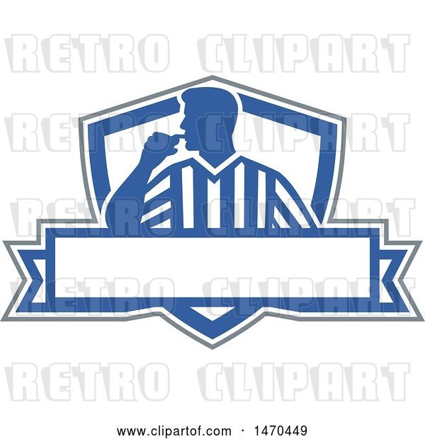 Vector Clip Art of Retro Silhouetted Referee Umpire Blowing a Whistle in a Blue and White Shield over a Banner
