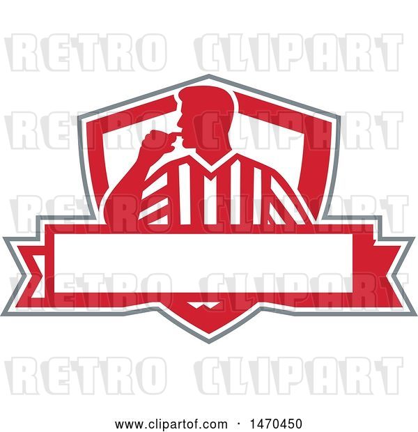 Vector Clip Art of Retro Silhouetted Referee Umpire Blowing a Whistle in a Red and White Shield over a Banner
