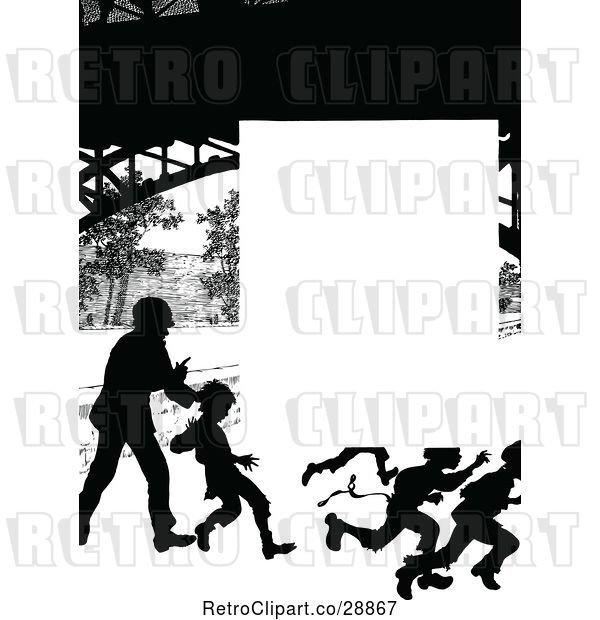 Vector Clip Art of Retro Silhouetted Running KChildren Page Border