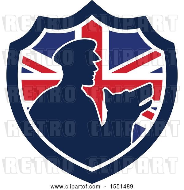Vector Clip Art of Retro Silhouetted Security Guard and Dog in a Union Jack Flag Shield