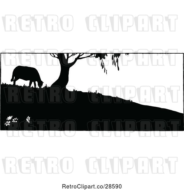 Vector Clip Art of Retro Silhouetted Sheep Grazing by a Tree