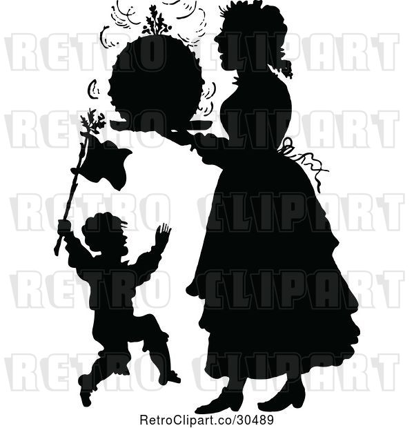 Vector Clip Art of Retro Silhouetted Son and Mother with Christmas Pudding