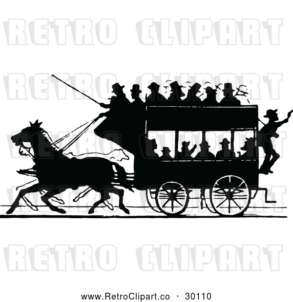 Vector Clip Art of Retro Silhouetted Stage Coach and Passengers 1