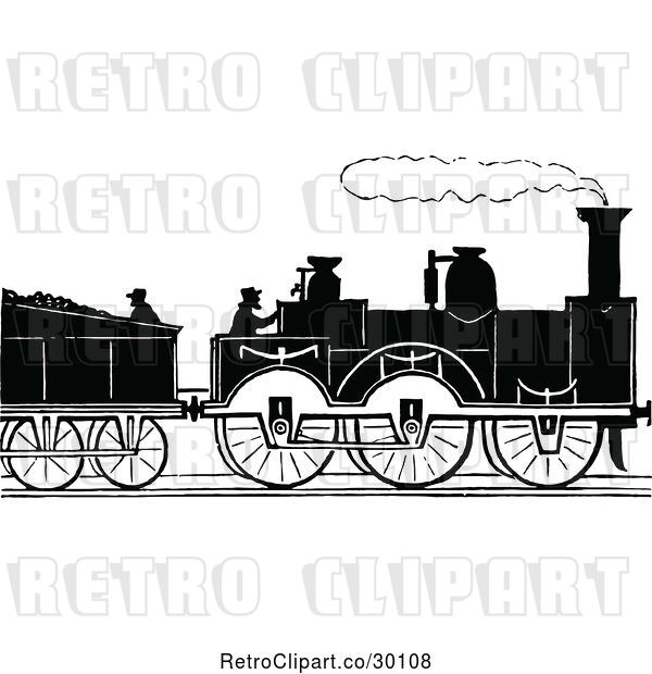 Vector Clip Art of Retro Silhouetted Steam Train and Workers