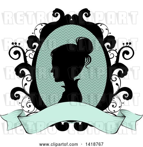 Vector Clip Art of Retro Silhouetted Victorian Lady Cameo in a Floral Frame with a Blank Ribbon Banner