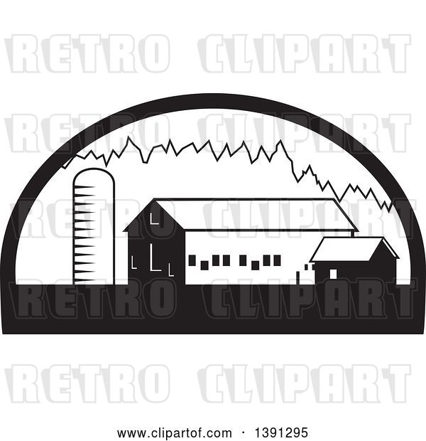 Vector Clip Art of Retro Silo, Barn and Shed in a Half Circle