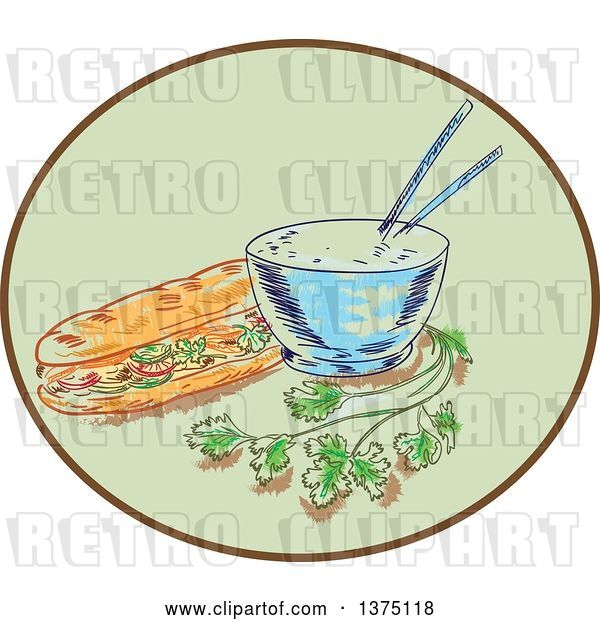 Vector Clip Art of Retro Sketch of a Bahn Mi Vietnamese Sandwich with Meat and Bowl of Rice and Chopsticks and Coriander Inside a Green and Brown Oval