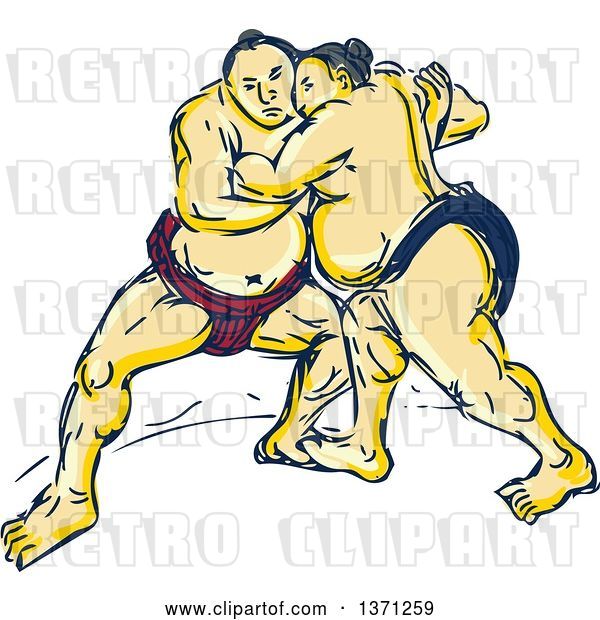 Vector Clip Art of Retro Sketch of Sumo Wrestlers in a Match