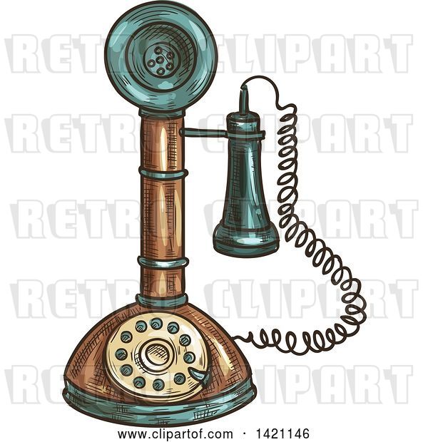 Vector Clip Art of Retro Sketched and Color Filled Candlestick Telephone