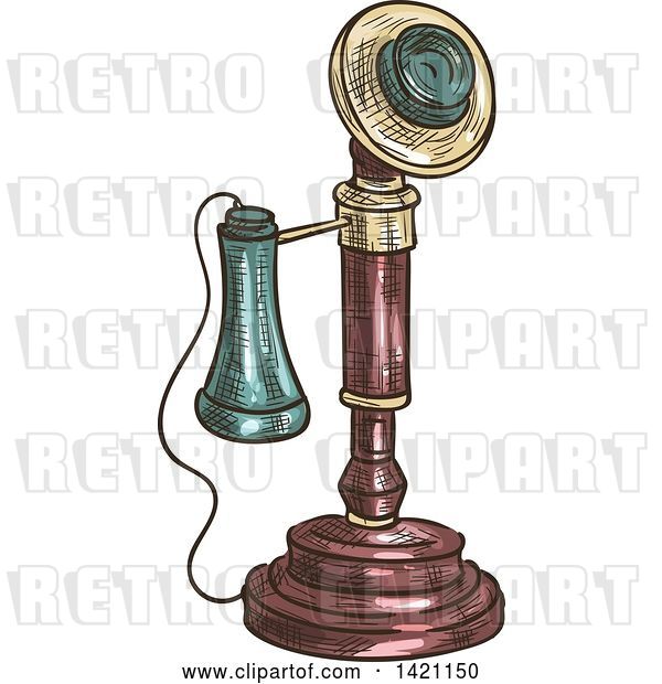 Vector Clip Art of Retro Sketched and Color Filled Candlestick Telephone