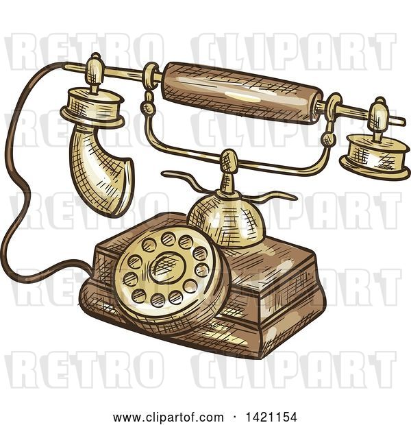 Vector Clip Art of Retro Sketched and Color Filled Telephone