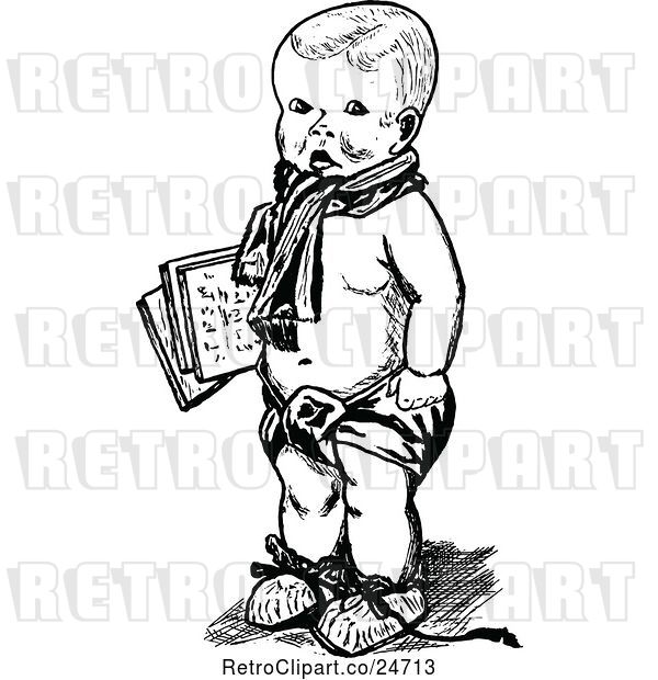 Vector Clip Art of Retro Sketched Baby Boy Carrying Papers