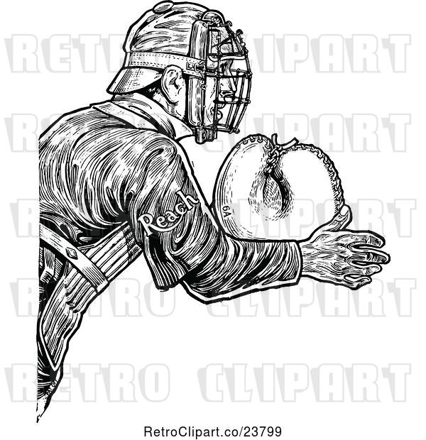 Vector Clip Art of Retro Sketched Baseball Player Catcher with Reach Text on His Arm