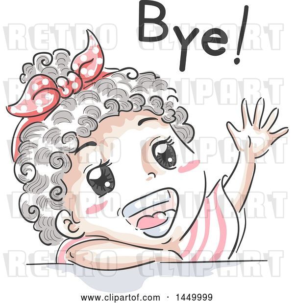 Vector Clip Art of Retro Sketched Black Girl Waving and Saying Bye
