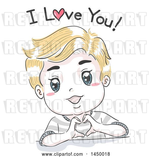 Vector Clip Art of Retro Sketched Blond White Boy Forming a Heart with His Hands and Saying I Love You