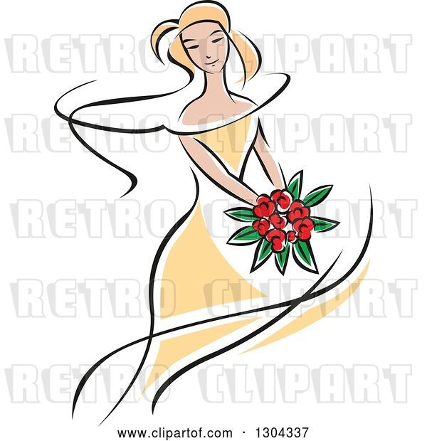 Vector Clip Art of Retro Sketched Blond White Bride in a Yellow Dress, Holding a Bouquet of Red Flowers 2