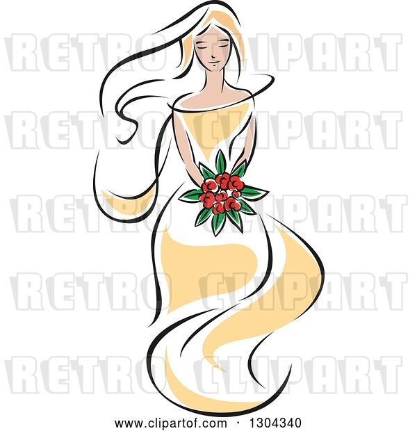 Vector Clip Art of Retro Sketched Blond White Bride in a Yellow Dress, Holding a Bouquet of Red Flowers