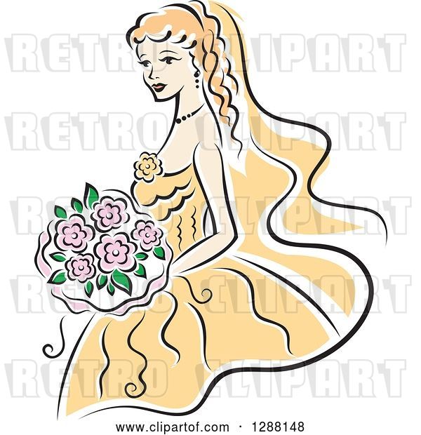 Vector Clip Art of Retro Sketched Blond White Bride with Pink Flowers and a Yellow Dress