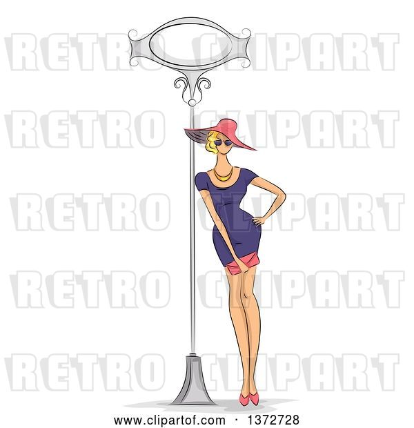 Vector Clip Art of Retro Sketched Blond White Lady in a Fashionable Dress, Leaning Against a Sign Post