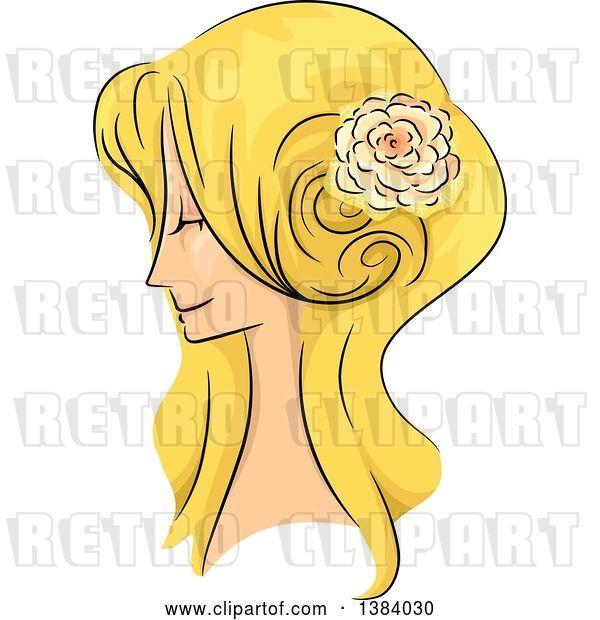 Vector Clip Art of Retro Sketched Blond White Lady in Profile, with Her Hair in a Long 50s Style