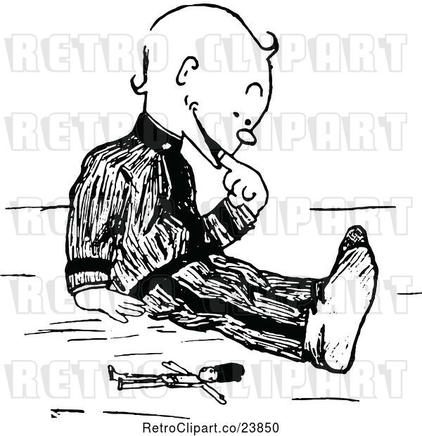 Vector Clip Art of Retro Sketched Boy Playing with a Toy Soldier