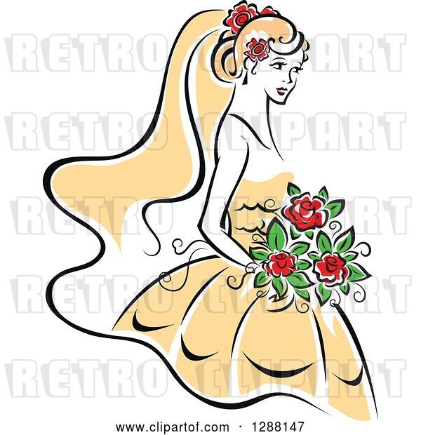 Vector Clip Art of Retro Sketched Bride with Blond Hair, Red Flowers and a Yellow Dress