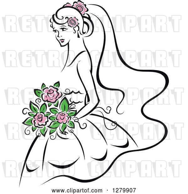 Vector Clip Art of Retro Sketched Bride with Pink Flowers in Her Hair and Bouquet