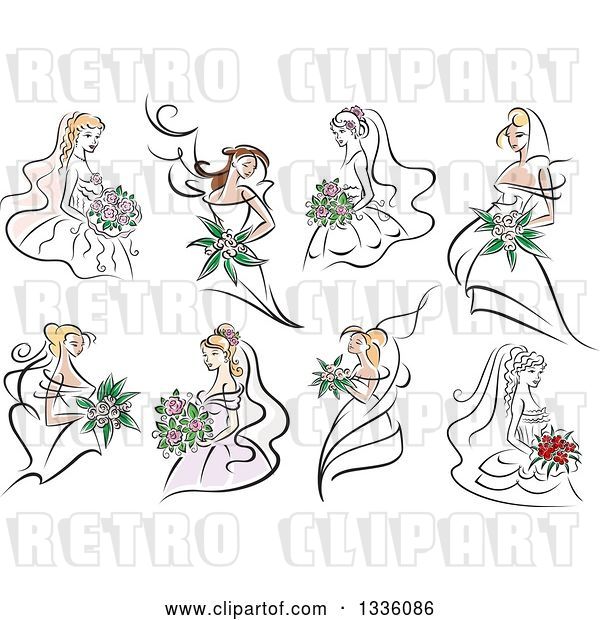 Vector Clip Art of Retro Sketched Brids in Pink and White Dresses