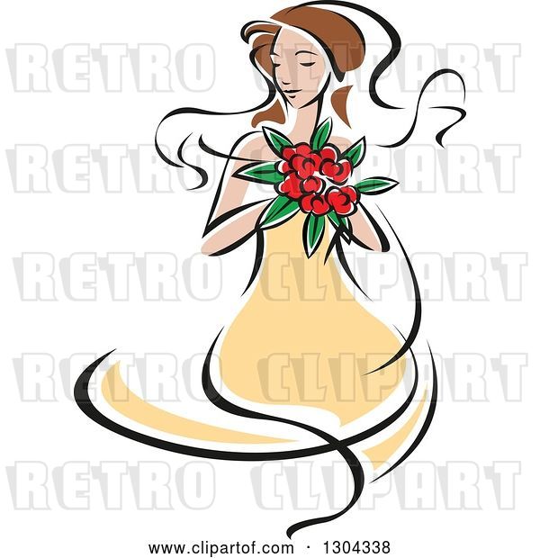 Vector Clip Art of Retro Sketched Brunette White Bride in a Yellow Dress, Holding a Bouquet of Red Flowers