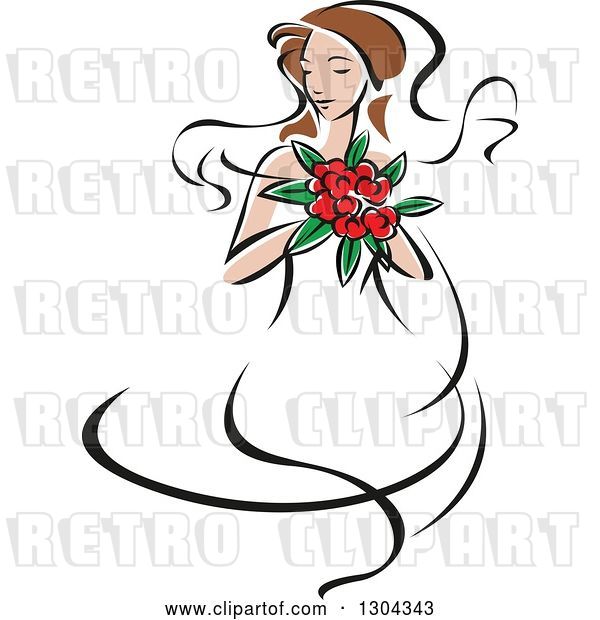 Vector Clip Art of Retro Sketched Brunette White Bride with a Bouquet of Pink Flowers