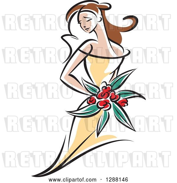 Vector Clip Art of Retro Sketched Brunette White Bride with Red Flowers and a Yellow Dress
