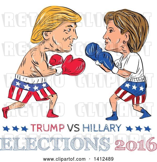 Vector Clip Art of Retro Sketched Caricature of Donald Trump Vs Hillary Clinton in a Boxing Match