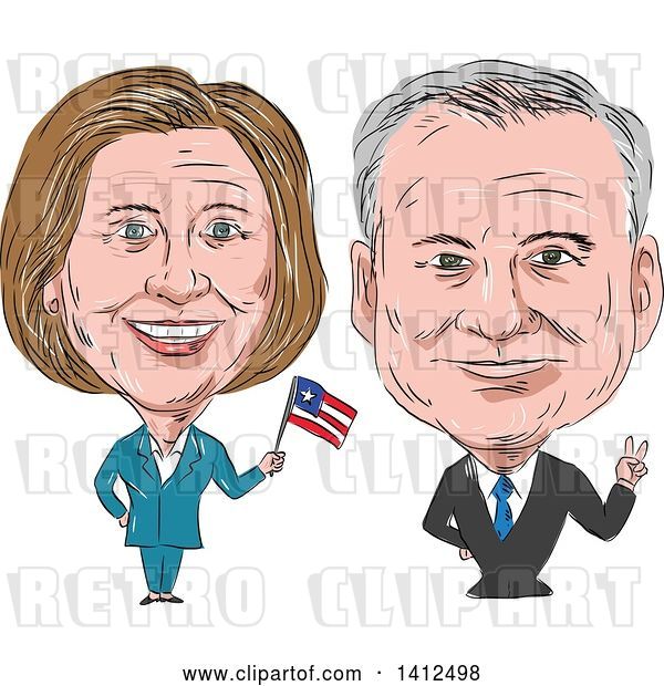 Vector Clip Art of Retro Sketched Caricature of Hillary Clinton Waving a Flag Next to Tim Kaine