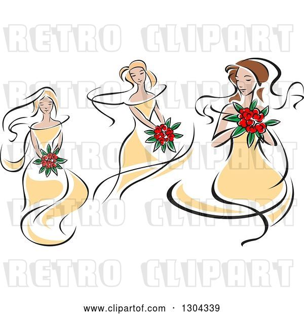 Vector Clip Art of Retro Sketched Caucasians Bride in Yellow Dresses, Holding Bouquets of Red Flowers