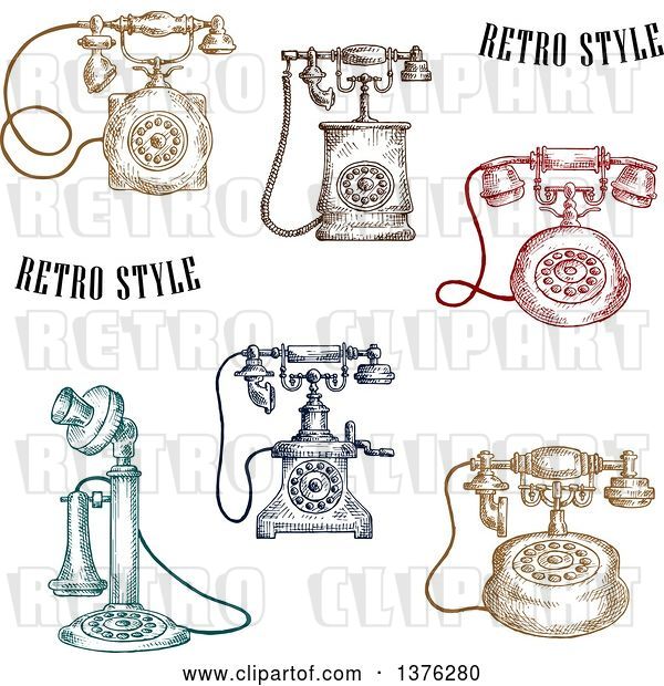 Vector Clip Art of Retro Sketched Colorful Telephones