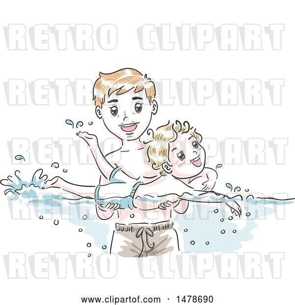 Vector Clip Art of Retro Sketched Dad Teaching His Son How to Swim