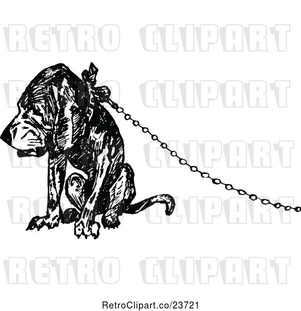 Vector Clip Art of Retro Sketched Dog Attached to a Chain