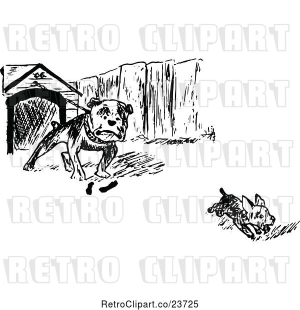 Vector Clip Art of Retro Sketched Dog Chasing Another from a House