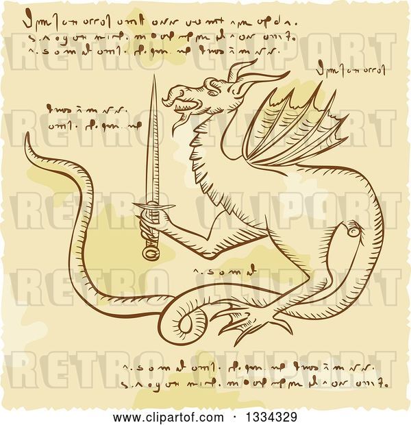 Vector Clip Art of Retro Sketched Dragon Holding a Sword with Cypher Text Code